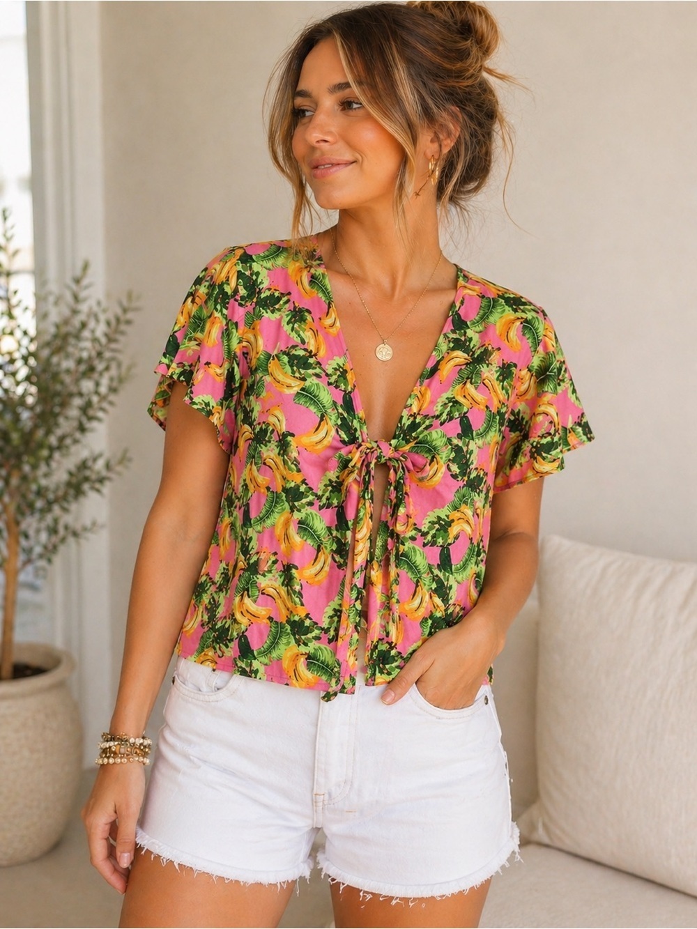 BuddyLove Tropical Tie Front Blouse S Pink Banana Print Summer Top Euro Summer